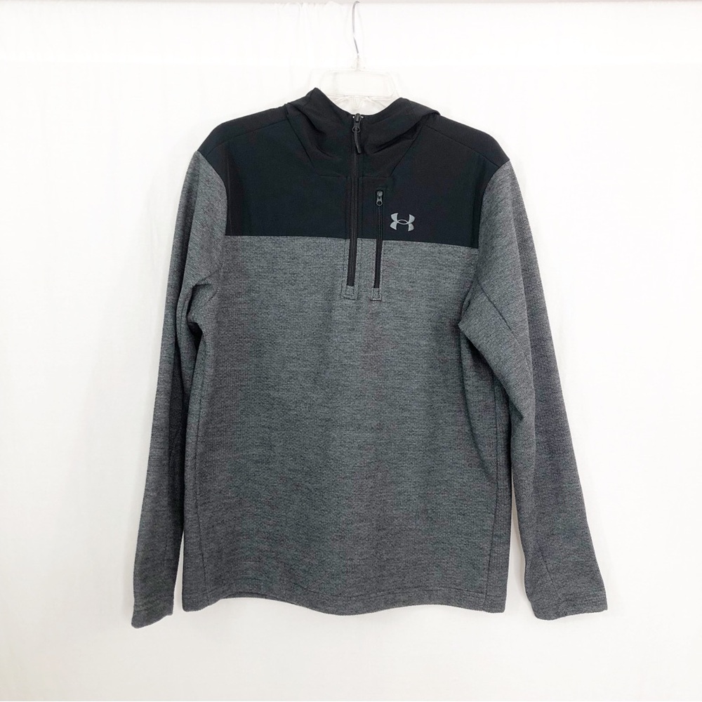 Under Armour Pull Over 1/4 Zip with Hood Sweatshirt Top, Size Large, Gray Black